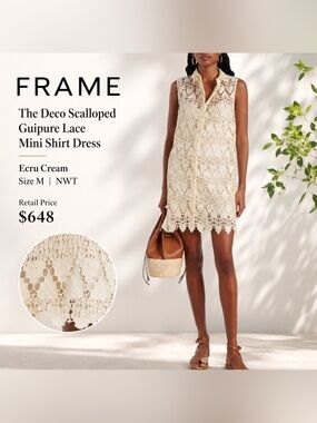 FRAME The Deco Scalloped Guipure Lace
Mini Shirt Dress Ecru Cream M NWT